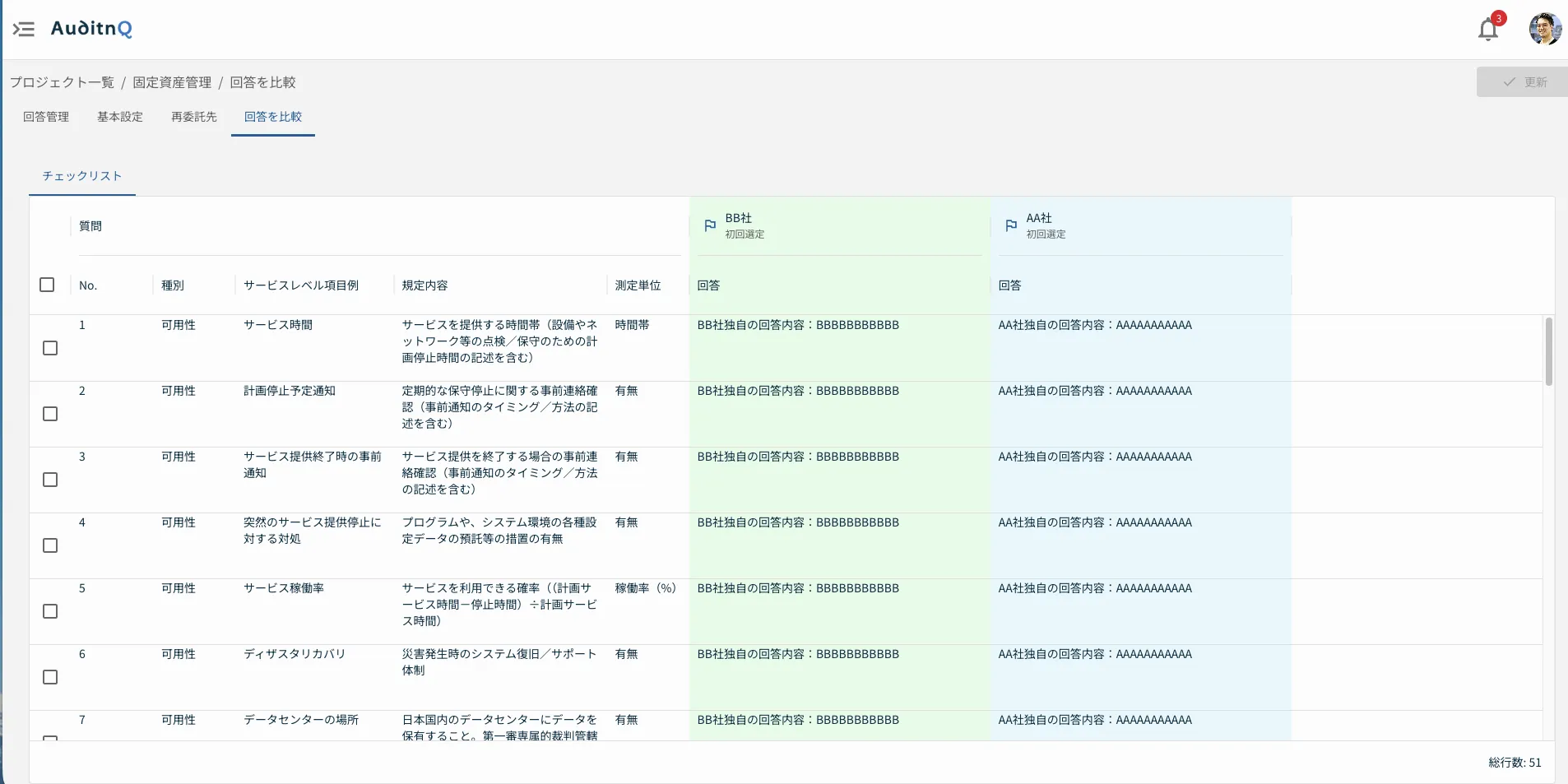 複数社の回答を同じ設問で並べた画面